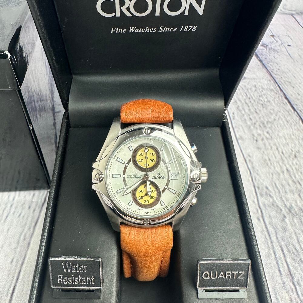 NOS Croton Chronograph Brown Leather Watch 10ATM